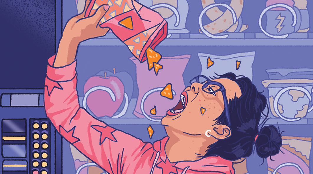 Illustration of teen tilting chips from bag into mouth while standing in front of a vending machine